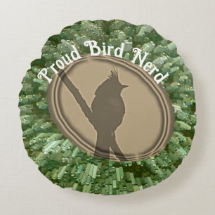 Proud Bird Nerd Silhouette Brown Green Birder Round Cushion