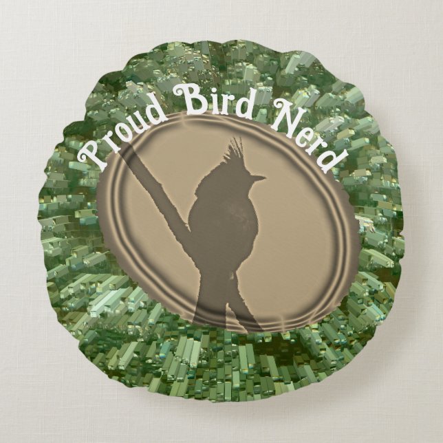 Proud Bird Nerd Silhouette Brown Green Birder Round Cushion (Front)