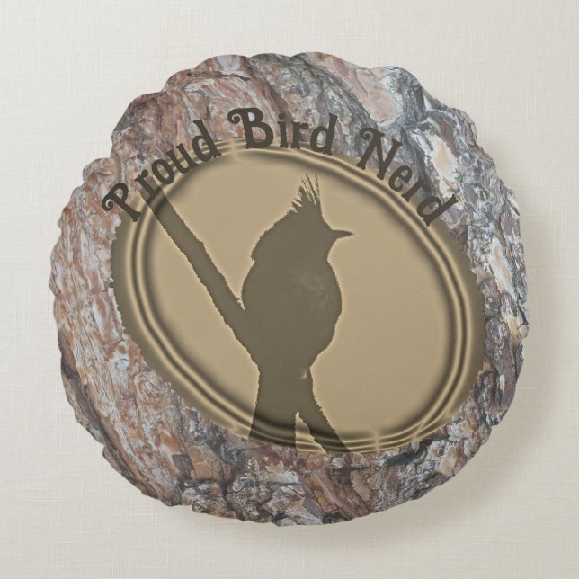 Proud Bird Nerd Silhouette Rustic Abstract Birder Round Cushion (Front)