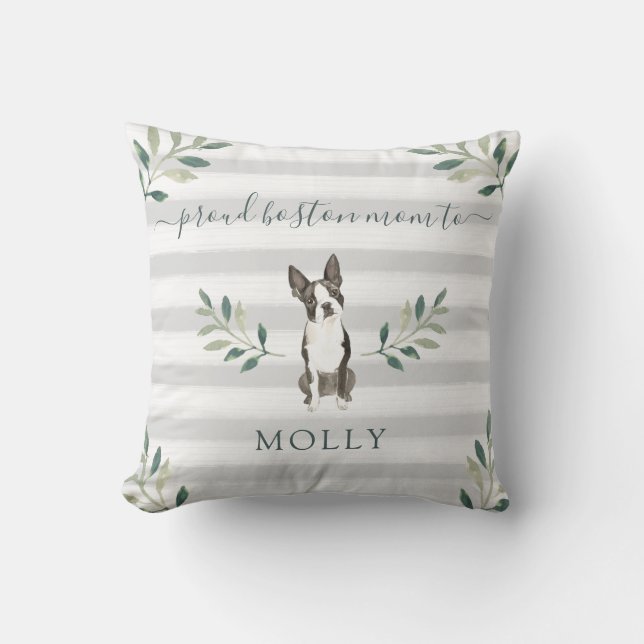 Proud Boston Terrier Mum | Leaves and Stripes Cushion (Front)