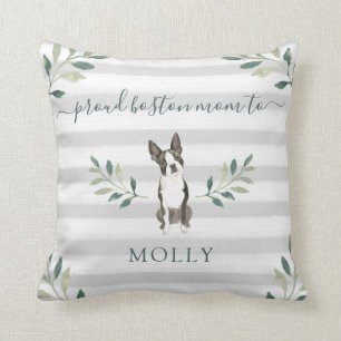 Proud Boston Terrier Mum   Leaves and Stripes Cushion