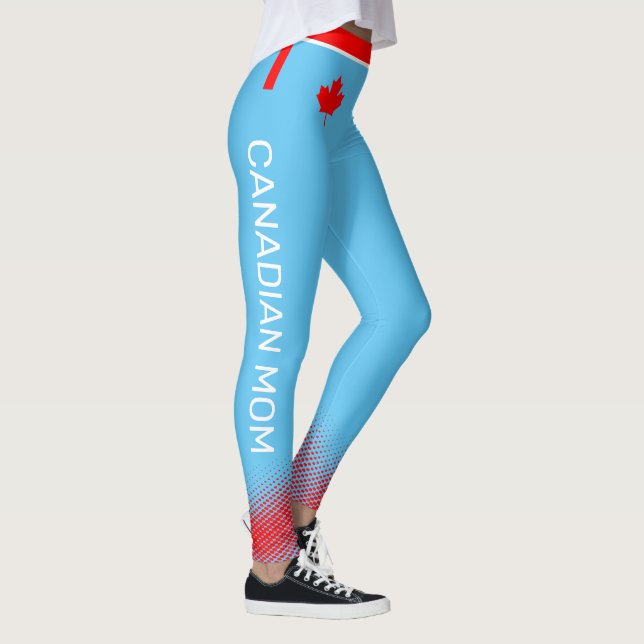 Proud Canadian MOM with Red Maple Leaf on BLUE Leggings (Right)