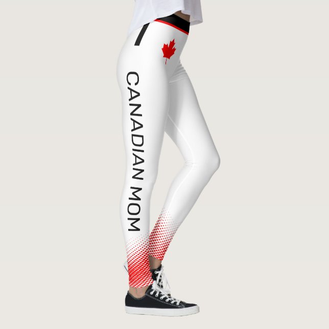 Proud Canadian MOM with Red Maple Leaf on WHITE Leggings (Right)