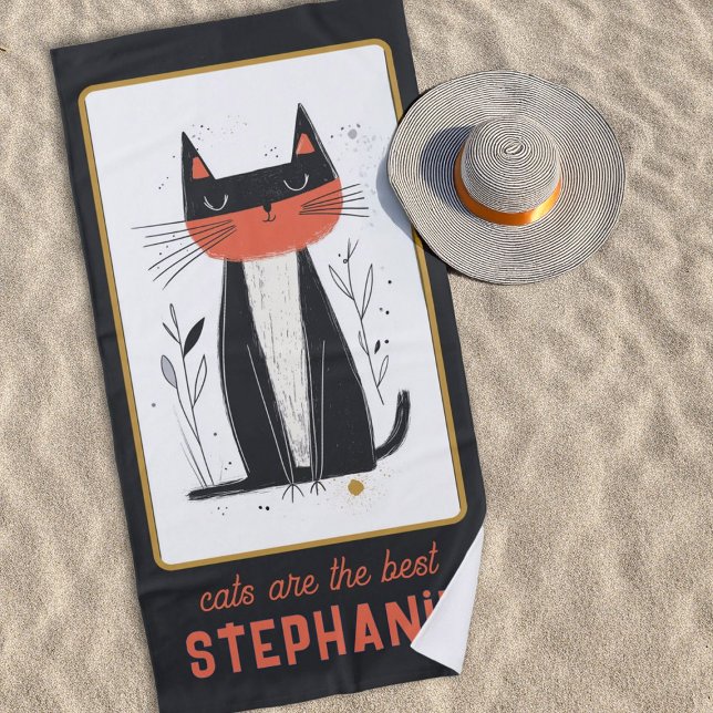 Proud Cat Illustration Personalised Beach Towel (Quirky black, orange and white cat illustration on personalized beach towel.)