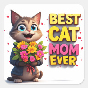 Proud Cat Mum With Cute Flower Kitty 🐱 Square Sticker