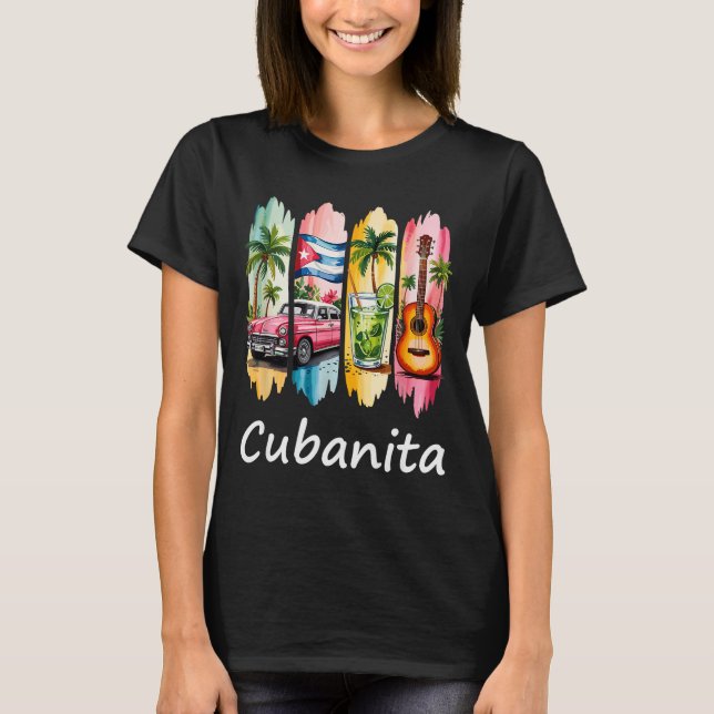 Proud Cubanita Cuban Flag Guitar Mojito Car Design T-Shirt (Front)
