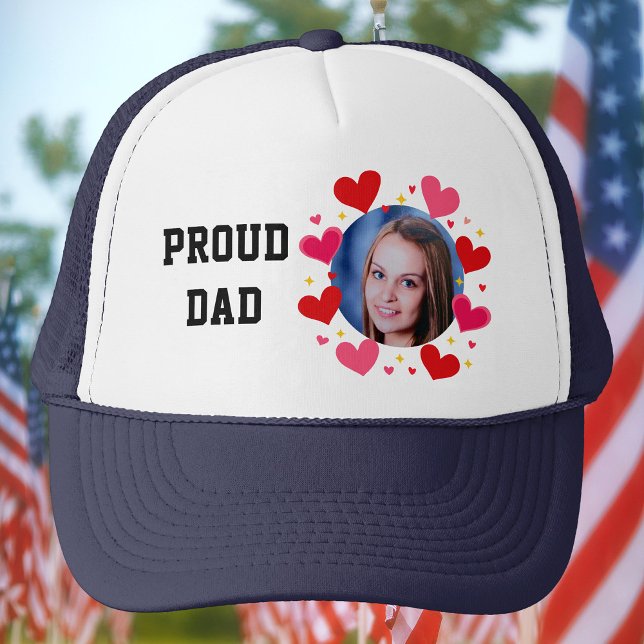 Proud Dad Custom Photo Text Hearts Personalised Trucker Hat (Creator Uploaded)