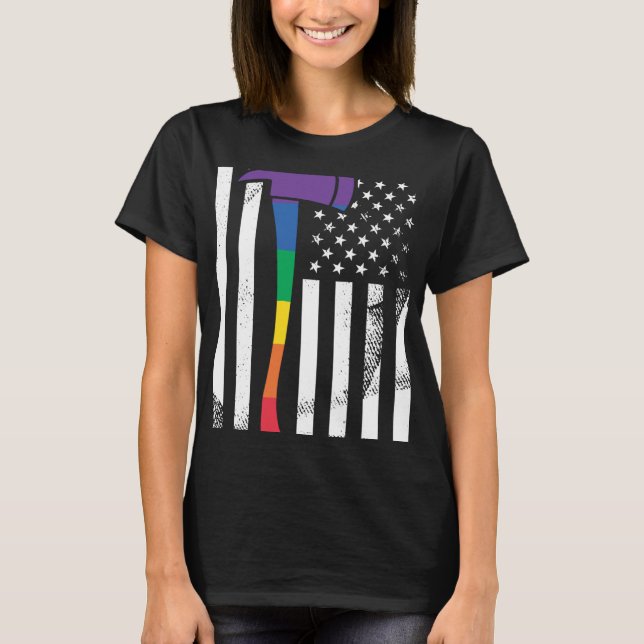 Proud Firefighter Squad LGBT Rainbow Pride USA Ame T-Shirt (Front)