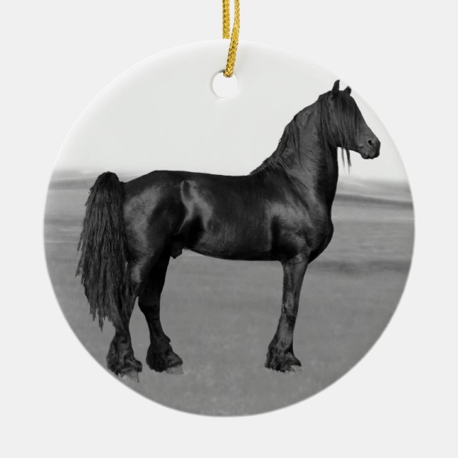 Proud Friesian black stallion horse Ceramic Ornament (Front)