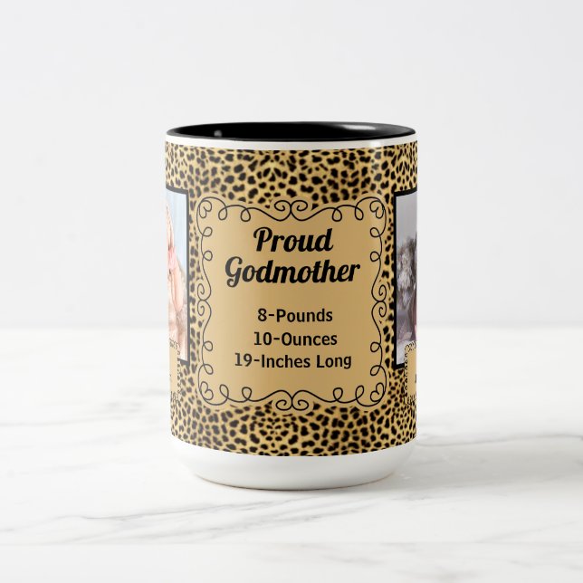 Proud Godmother Cheetah Animal Print Baby Photos Two-Tone Coffee Mug (Center)