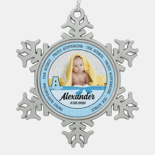 Proud Godparents Blue Checks and Monogram A Snowflake Pewter Christmas Ornament (Front)