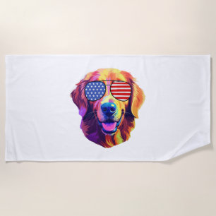 Proud Golden Retriever American Flag sunglasses Beach Towel
