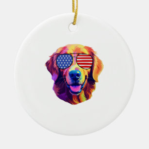 Proud Golden Retriever American Flag sunglasses Ceramic Ornament