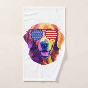 Proud Golden Retriever American Flag sunglasses Hand Towel