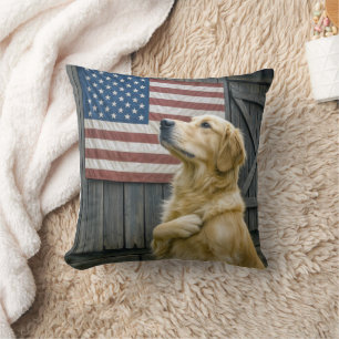 Proud Golden Retriever With American Flag Cushion