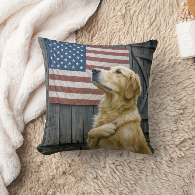 Proud Golden Retriever With American Flag Cushion (Blanket)