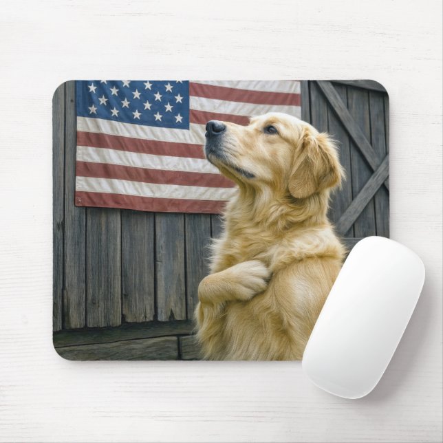 Proud Golden Retriever With American Flag Mouse Pad (With Mouse)
