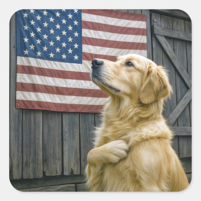 Proud Golden Retriever With American Flag Square Sticker (Front)