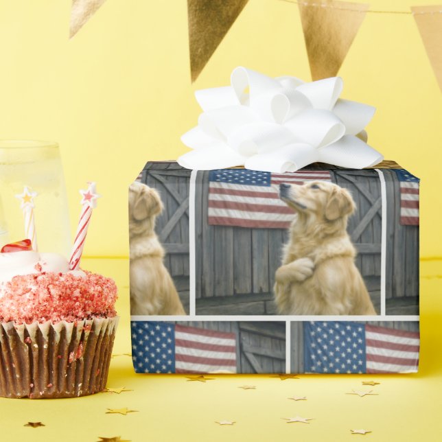 Proud Golden Retriever With American Flag Wrapping Paper (Birthday Party)