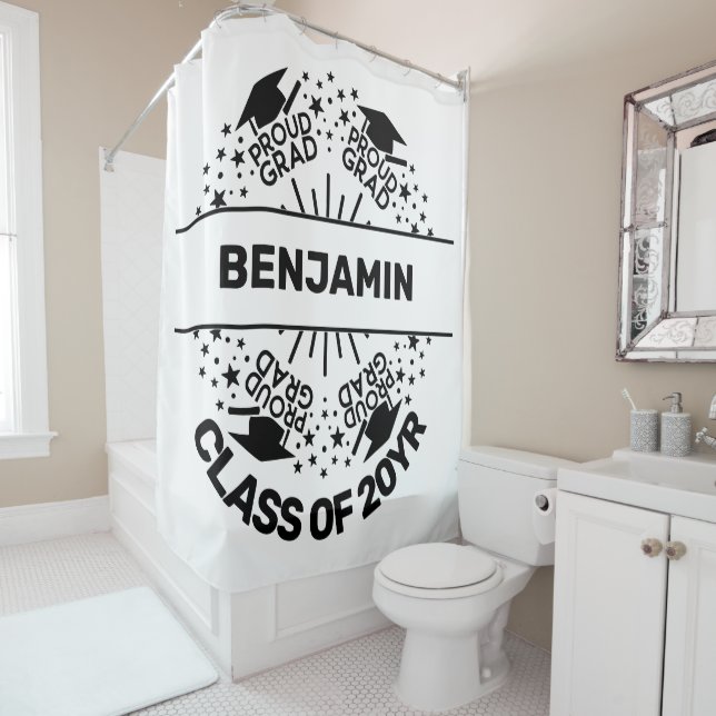 Proud grad name class year monogram shower curtain (In Situ)