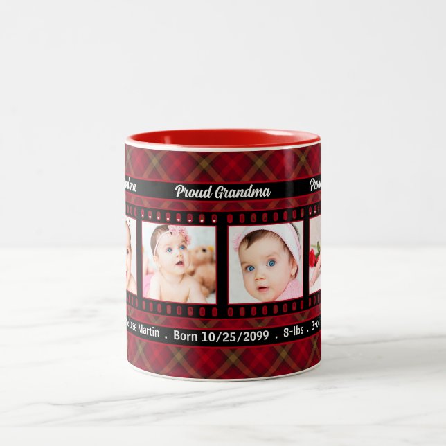 Proud Grandma 4 Photo Mug Red Plaid with Black (Center)