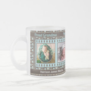 Proud Grandma Brown and Aqua 4 Photo Frosted Glass Coffee Mug