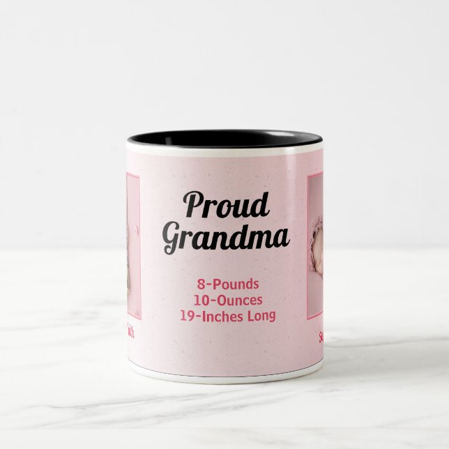 Proud Grandma New Baby Pink 2 Photo Two-Tone Coffee Mug (Center)
