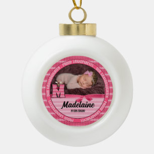 Proud Grandparents Monogram M New Baby Girl Ceramic Ball Christmas Ornament
