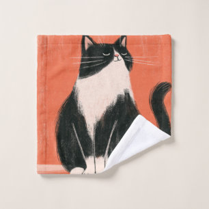 Proud Minimalist Tuxedo Cat on Orange Bath Towel Set