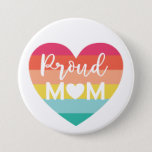 Proud Mom Gay Pride Colorful Rainbow Heart 7.5 Cm Round Badge<br><div class="desc">Show your support to your son or daughter with our colorful gay pride rainbow heart button. Our design features a rainbow heart with the words "Proud Mom" designed a trendy script paring.</div>