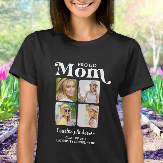 Proud MOM Retro Modern Custom 4 Photo Graduation T-Shirt (Creator Uploaded)