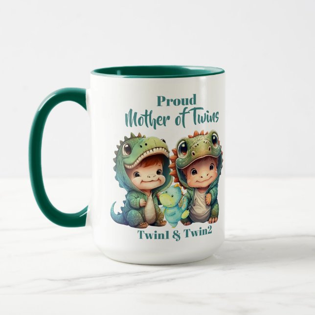 Proud Mother of Twins Boys Dinosaur Costumes Green Mug (Left)