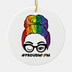 Proud Mum Messy Hair Bun LGBTQ Rainbow Flag Gay Pr Ceramic Ornament