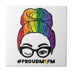 Proud Mum Messy Hair Bun LGBTQ Rainbow Flag Gay Pr Ceramic Tile