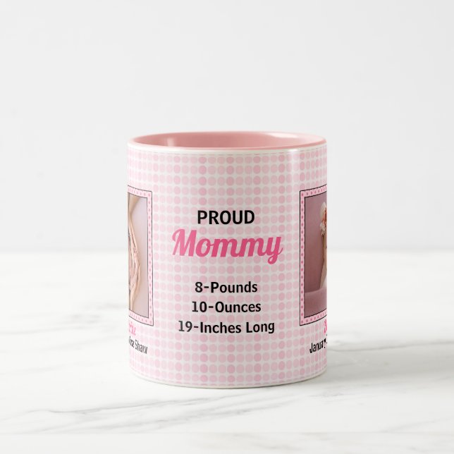 Proud Mummy Pink Polka Dots with Two Baby Photos Two-Tone Coffee Mug (Center)