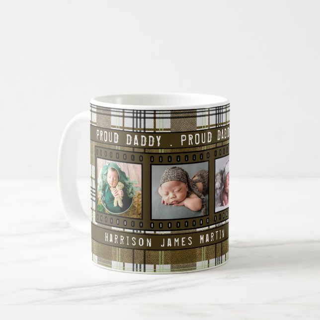 Proud New Daddy 4 Photo Plaid in Brown Two-Tone Co Coffee Mug (Front Left)