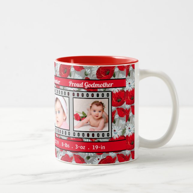 Proud New Godmother Red Poppies 4 Photo Two-Tone Coffee Mug (Right)