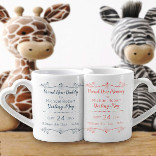 Proud New Mummy & Daddy - Coral Blue - Birth Stats Coffee Mug Set