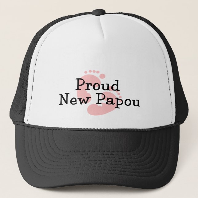 Proud New Papou Baby Girl Footprints Trucker Hat (Front)