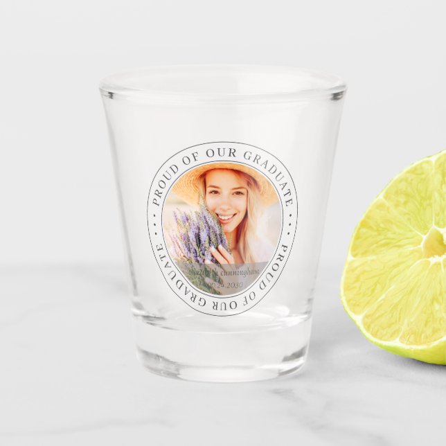 Proud of our Graduate 20XX Modern Graduation Photo Shot Glass (Front)