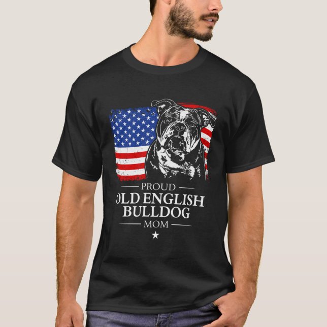 Proud Old English Bulldog Mum American Flag Patrio T-Shirt (Front)