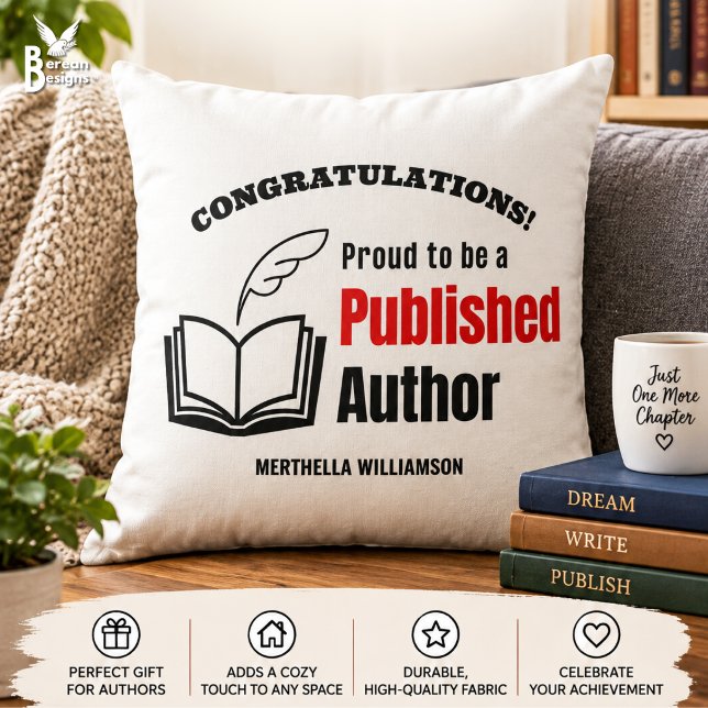 Proud PUBLISHED AUTHOR Cushion (Personalised throw pillow with “Congratulations! Proud to be a Published Author” design.)