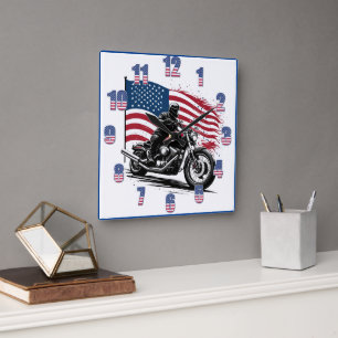 Proud rider with American flag in sunset glow Square Wall Clock