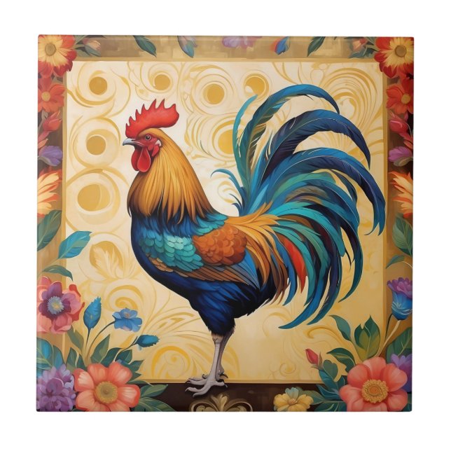 Proud Rooster Colourful Farmhouse Design Ceramic Tile (Front)