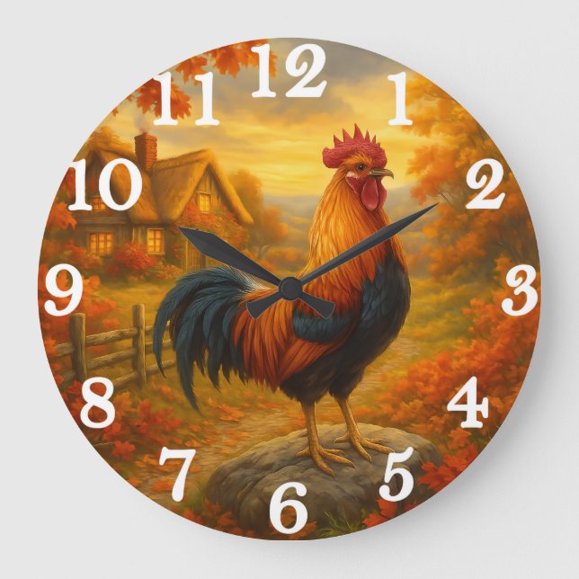 Proud rooster in autumn countryside large clock (Front)