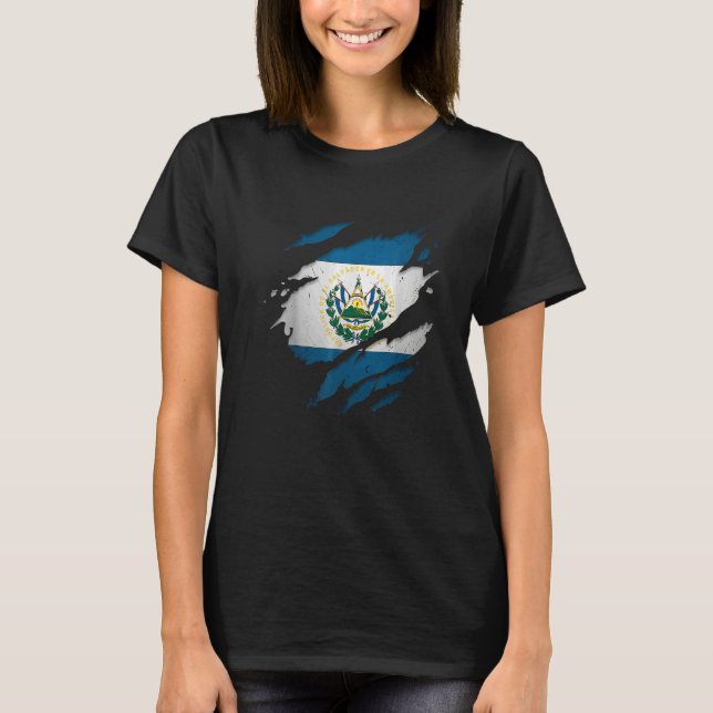 Proud Salvadorian  Torn Ripped El Salvador Flag T-Shirt (Front)