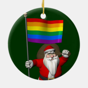 Proud Santa Claus With Rainbow Flag Ceramic Tree Decoration