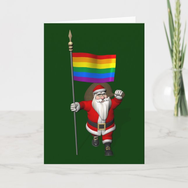Proud Santa Claus With Rainbow Flag Holiday Card (Front)