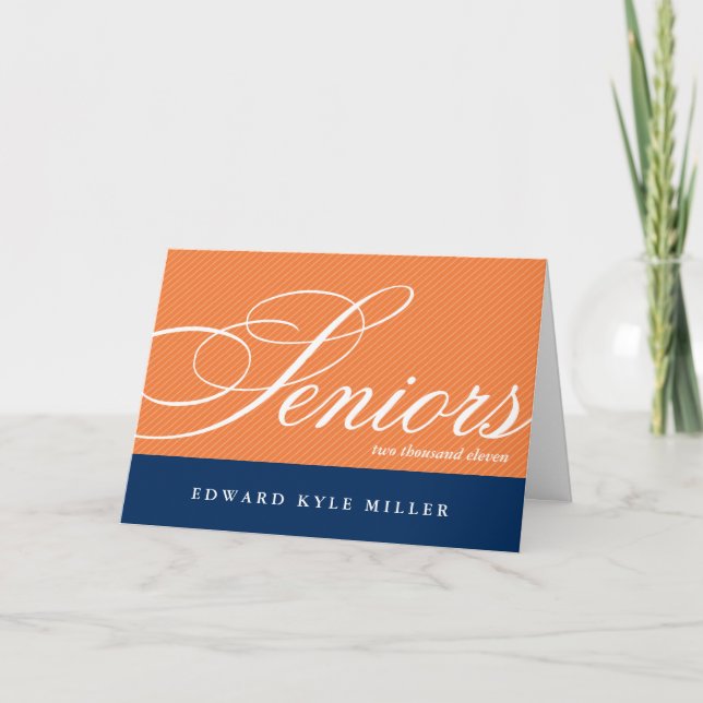 Proud seniors navy orange graduation announcement (Front)