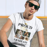 Proud Son of the Graduate T-Shirt<br><div class="desc">Showcase your pride and joy as your parent graduates with our specially designed white & gold graduation ceremony t-shirts. These tailor-made pieces, complete with a classic grad mortarboard design, five personal photos, the bold statement 'proud son of the graduate', and personalised with your mum or dads name, place of study...</div>